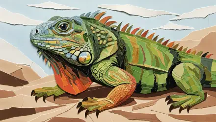 Stylized green iguana resting on sunlit desert rocks beneath a blue sky — 4K Ultra HD PC desktop wallpaper and background.