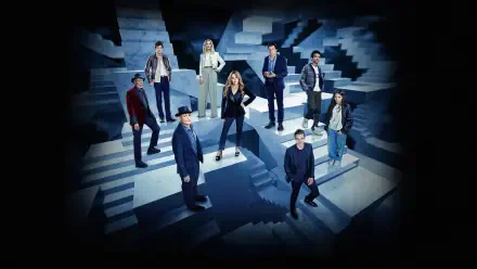 Now You See Me: Now You Don't — 4K Ultra HD PC wallpaper: a group of figures in sleek attire on a surreal, Escher-like staircase bathed in cool blue light.