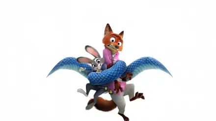 Zootopia 2 5K Ultra HD PC desktop wallpaper: fox Nick Wilde and rabbit Judy Hopps wrapped in the coils of a large blue serpent against a white background.