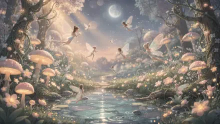 Fairycore 4K Ultra HD PC desktop wallpaper — moonlit glen of glowing mushrooms and pastel blooms, tiny winged fairies dancing over a reflective stream beneath a starry moon.