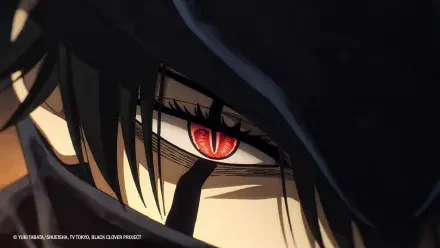 Close-up of Nacht from Black Clover — red eye glows beneath a hood, dark lashes and mask detail; HD PC desktop wallpaper/background, anime art.