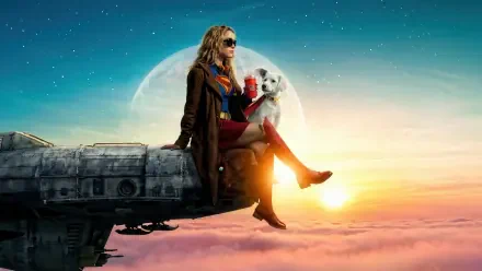 Supergirl (2026) 4K Ultra HD PC desktop wallpaper and background — Supergirl in a coat and sunglasses perches on a spaceship wing with a small white dog, full moon and sunrise over clouds.