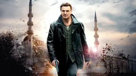 Taken 2 HD PC desktop wallpaper/background: lone man in leather jacket walks through a blasted city with minarets, smoke and explosions.