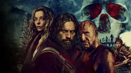 28 Years Later 4K Ultra HD PC desktop wallpaper and background: gritty post‑apocalyptic trio—bearded man center, scarred man, woman—skull‑shaped moon and distant walkers.