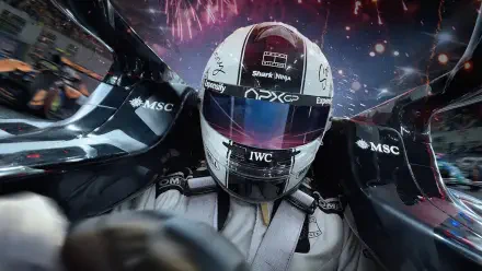 F1 (2025) close-up: helmeted driver in the cockpit with fireworks overhead — 2K Quad HD PC desktop wallpaper and background.
