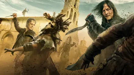 2K Quad HD PC desktop wallpaper: The Walking Dead: Daryl Dixon in a ruined city, knife raised amid attackers and swirling dust.