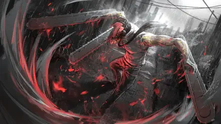 Chainsaw Man 4K Ultra HD PC desktop wallpaper and background: figure with twin chainsaw arms spinning red-splattered blades through rain-soaked ruins, dynamic motion and sparks.