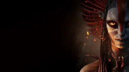 Half-lit Avatar: Fire and Ash portrait — glowing amber eye, tribal paint and fiery feathered headdress on a dark backdrop. 4K Ultra HD PC desktop wallpaper.