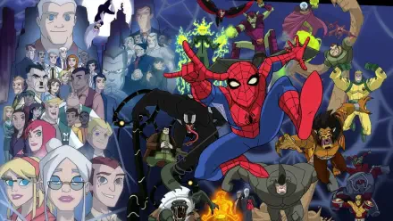 HD PC desktop wallpaper and background: The Spectacular Spider-Man swings toward the viewer amid a vibrant comic-style collage of allies and iconic villains.