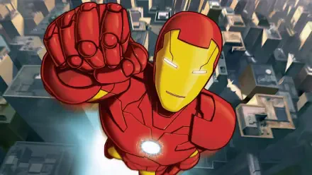 Iron Man: Armored Adventures — Iron Man in red-and-gold armor soars above a city with fist raised; HD PC desktop wallpaper/background.