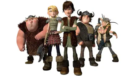 Dragons: Riders of Berk HD PC desktop wallpaper — six Viking riders from Berk standing together, Hiccup front-center with crossed arms against a white background.