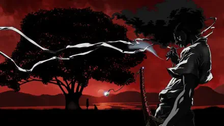 Afro Samurai silhouette with katana and flowing headband against a crimson sunset and lone tree — HD PC desktop wallpaper background, cinematic anime-style composition.