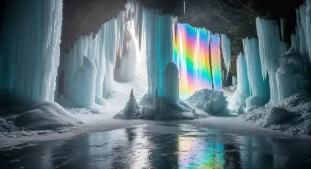 4K Ultra HD PC desktop wallpaper: ethereal ice cave with towering icicles and rainbow-hued light reflecting on a frozen pool.