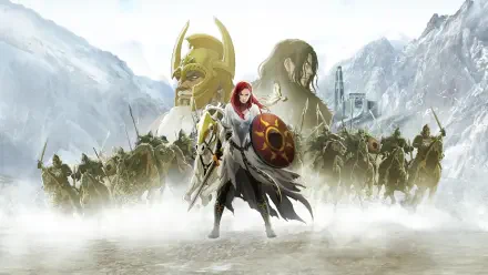 The Lord of the Rings: The War of the Rohirrim 4K Ultra HD PC desktop wallpaper — a red‑haired warrior with shield leads a charge of Rohirrim cavalry against snowy mountains and a distant fortress.