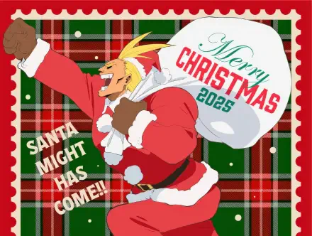 Anime My Hero Academia All Might dressed as Santa, carrying a Merry Christmas 2025 sack over a red-green plaid — 2K Quad HD PC desktop wallpaper/background.