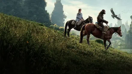 4K Ultra HD PC desktop wallpaper/background from Kingdom of the Planet of the Apes: a human and an ape ride horses along a grassy ridge with birds and a misty forest backdrop.