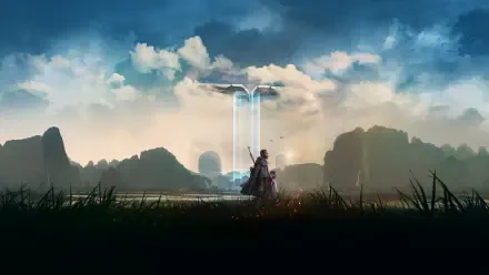 The Creator (2023) 4K Ultra HD PC desktop wallpaper and background: lone figure stands before a towering luminous monolith in a misty, mountainous alien landscape under dramatic clouds.