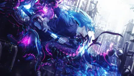 Jujutsu Kaisen 4K Ultra HD PC wallpaper - blue-haired sorcerer slashing a glowing blade as purple-blue cursed tentacles swirl through a neon-lit ruined city.