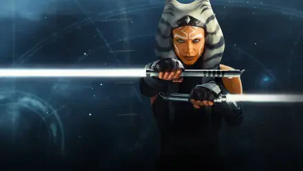 Ahsoka (2023) — 4K Ultra HD PC desktop wallpaper: Ahsoka holds dual white lightsabers crossed before a dark, starry cosmic background.