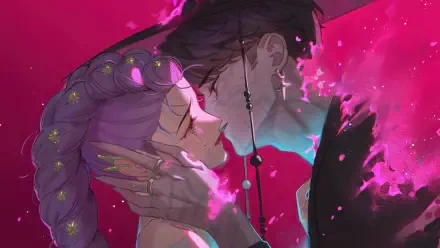KPop Demon Hunters 4K Ultra HD PC wallpaper: anime-style purple-braided woman and dark-haired man face-to-face in a tender, pink-spark-lit moment.