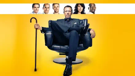 4K Ultra HD PC desktop wallpaper of TV doctor Dr. House seated in a black armchair holding a cane on a bright yellow background, with small cast headshots in a white strip above.