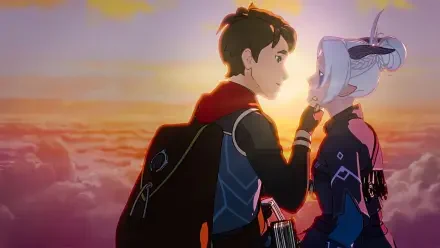 The Dragon Prince HD PC desktop wallpaper: Callum and Rayla touch foreheads above glowing clouds at sunset, bathed in warm, cinematic light.