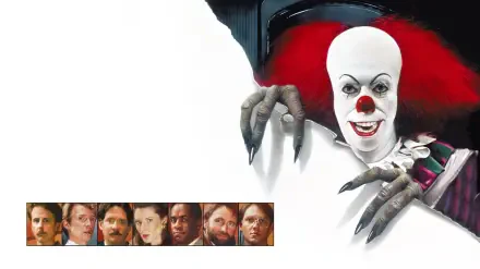 2K Quad HD PC desktop wallpaper: Pennywise the clown from It (1990) lunging with long fingers over white space, small cast portraits lined along the bottom.