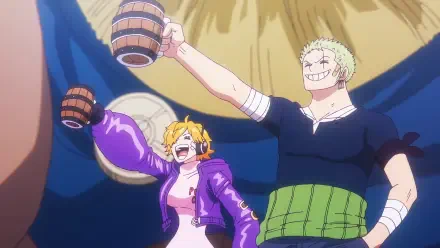 HD PC desktop wallpaper of One Piece: Lilith (One Piece) and Roronoa Zoro cheer, raising wooden mugs and grinning against a dramatic blue-and-gold background.