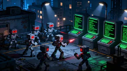 Pixel-art AI uprising on a neon city rooftop: armed robots storm glowing green code consoles, red laser sights and rainy skyline — 4K Ultra HD PC desktop wallpaper and background.