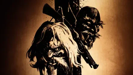 4K Ultra HD PC wallpaper of the video game Ghost of Yōtei — two eerie worn masks hung on a wooden post, dark samurai aesthetic with deep shadows and sepia tones.