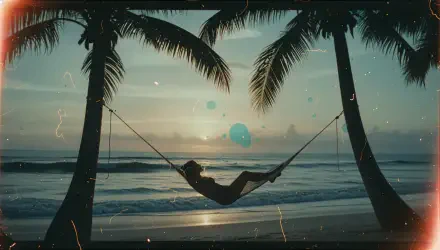4K Ultra HD PC Desktop Wallpaper and Background: silhouette in a hammock strung between palm trees at sunset, calm ocean waves and pastel sky.