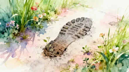 Watercolor boot print in sand among grasses and wildflowers — 4K Ultra HD PC desktop wallpaper and background.