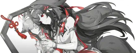 HD PC desktop wallpaper of Ye Shunguang from video game Zenless Zone Zero: black-and-white portrait with red accents, long flowing hair and a mirrored reflection.