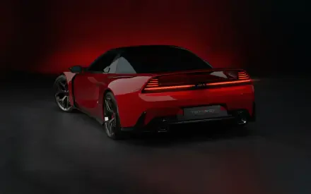 Red JAS Tensei Pininfarina supercar rear three-quarter view on a dark studio floor with a deep red gradient — 2K Quad HD PC desktop wallpaper.