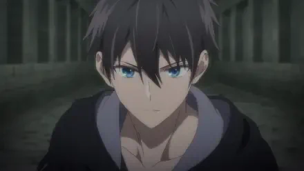 Orhun Dura from Jack-of-All-Trades Party of None — close-up anime portrait with dark hair and blue eyes against a dim corridor; HD PC desktop wallpaper background.