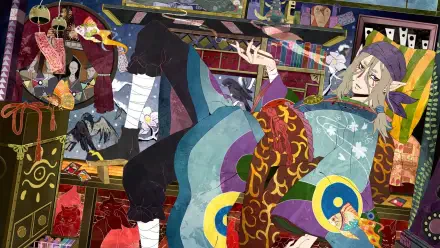 Anime HD PC desktop wallpaper of Mononoke’s Kusuriuri reclining amid ornate, colorful patterns, mystical talismans and surreal, layered backgrounds conveying a haunting, stylized atmosphere.
