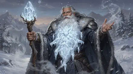 4K Ultra HD PC desktop wallpaper of a bearded wizard in a fur cloak, conjuring a crystalline snow-spirit from his staff in a snowy fantasy winter mountain landscape.