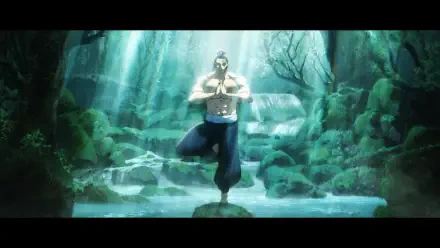 HD PC wallpaper of Aoi Todo from Jujutsu Kaisen standing balanced on one leg in a meditative pose before a glowing waterfall in a lush forest desktop background.