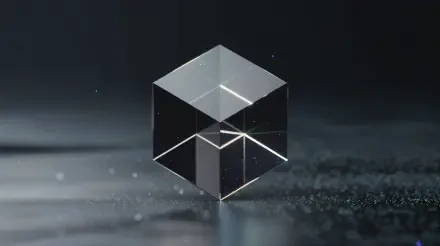 4K Ultra HD PC desktop wallpaper and background — a floating transparent glass cube reflecting light above a dark, textured surface with subtle sparkles.