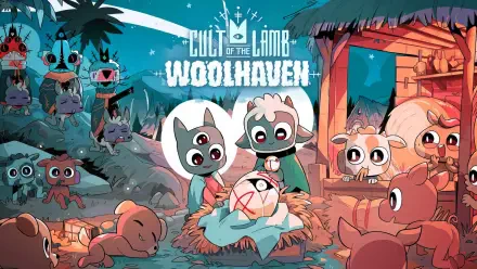 Cult of the Lamb: Woolhaven HD PC desktop wallpaper/background — whimsical video game art of animal followers gathered around a sleeping lamb in a cozy village at night.
