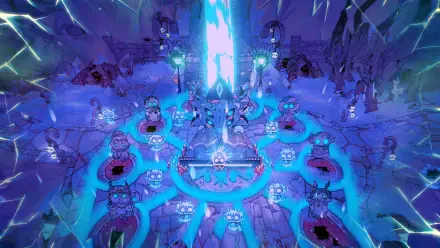 Video game HD PC desktop wallpaper and background — Cult of the Lamb: Woolhaven: neon-blue ritual chamber with a glowing monolith and robed followers gathered at circular altars in an icy cavern.