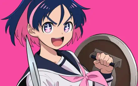 Anime HD PC desktop wallpaper of Aki Jougamine from Scum of the Brave: energetic schoolgirl with pink-and-blue hair, grinning while holding a sword and a shield.