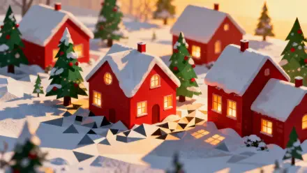 4K Ultra HD PC desktop wallpaper and background: cozy snowy Christmas village of red cottages and snow-dusted pine trees with warm glowing windows at sunset.