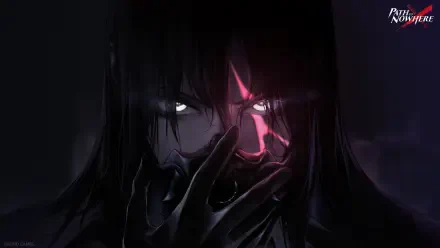 Dark, intense woman warrior from the mobile game Path to Nowhere, hand to face with a glowing red eye mark, dramatic 4K Ultra HD PC desktop wallpaper and background.