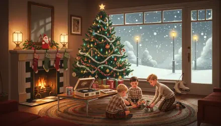 Vintage Christmas 4K Ultra HD PC desktop wallpaper and background: cozy living room with decorated tree, stockings on the fireplace, three children playing on a rug as snow falls outside.