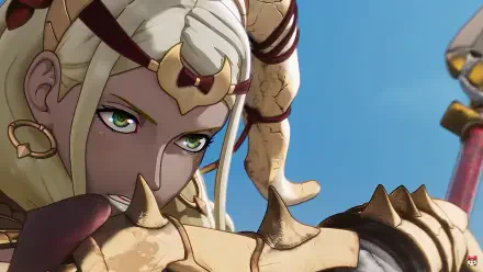 HD PC desktop wallpaper: close-up of a blonde, green-eyed warrior in ornate horned golden armor against a clear blue sky from the video game Fire Emblem: Fortune's Weave.