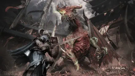 4K Ultra HD PC desktop wallpaper from the video game The Lords of the Fallen II: armored knight confronts a towering lightning-dragon amid a shattered temple under a stormy, lightning-filled sky.