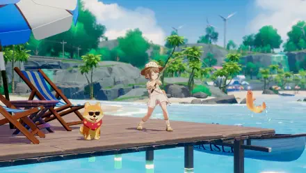 Video game HD PC desktop wallpaper: Starsand Island scene — character fishing on a wooden dock with a small dog, tropical beach, wind turbines and loungers under blue sky