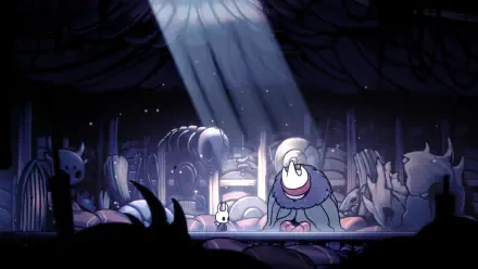 HD PC desktop wallpaper: Hollow Knight and Mato (Hollow Knight) sit meditating on a ruined stage under a shaft of light, a quiet adventure scene of stillness and mystery.