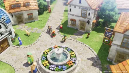 HD PC desktop wallpaper of the video game DRAGON QUEST VII Reimagined: bright chibi-style village square with a flowered fountain, cobblestone streets, villagers and stone houses under leafy trees.